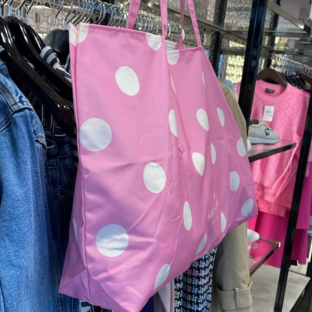 Kate Spade Soft Pink-White Polka Dots Canvas Tote XL Reusable Shopping Beach Bag - Picture 4 of 16